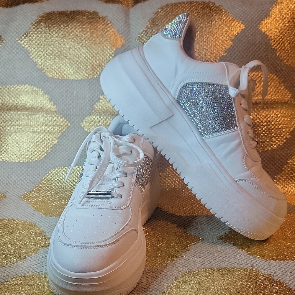 Steve Madden White Sneakers with Silver Glitter Accents